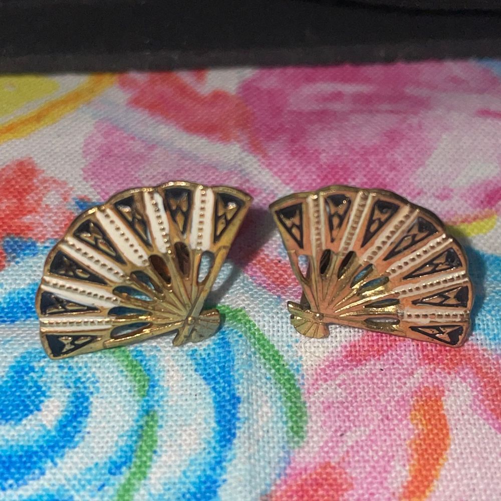 Antique Spanish Damascene vermeil enamel gold‎ tone fan clip on earrings - Picture 2 of 9